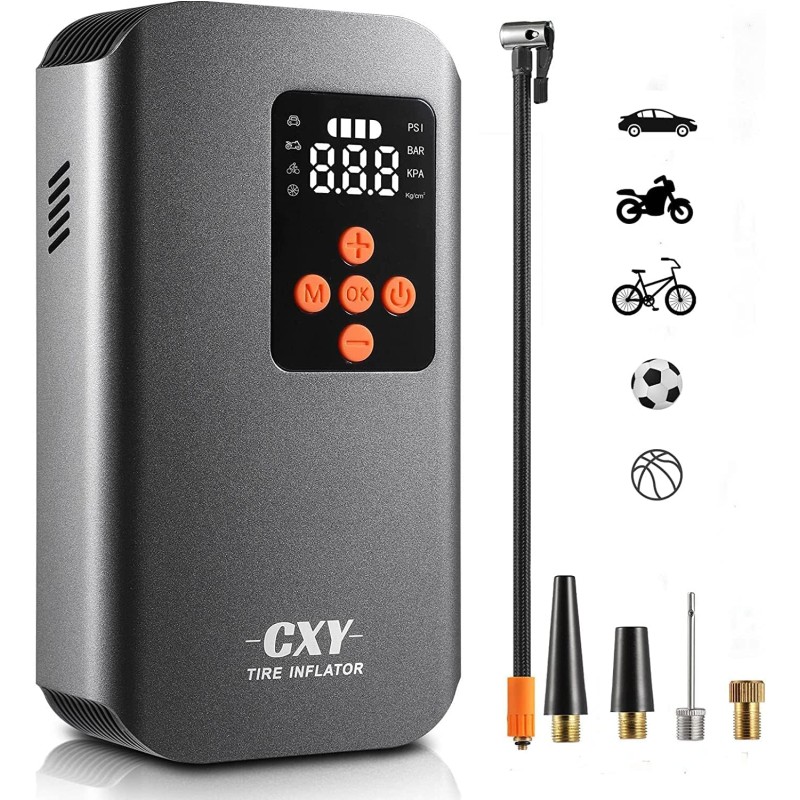 Cxy 7500 mAh Battery Air Pump Bicycle, Electric Compressor, Portable Bicycle Pump, Mini Tyre Pump, Rechargeable Battery Compressor with 4 Different Nozzles for Cars, Motorcycles, Bicycles and Balls