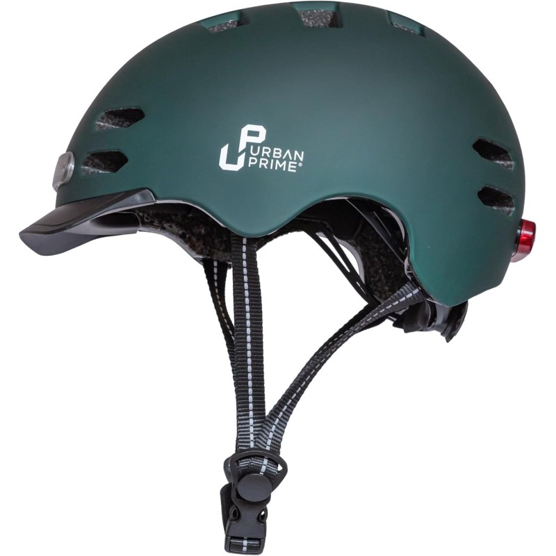 Urban Prime Unisex - Adult Urban Helmet Protective Helmet with Front and Rear Light, Visor, E-Bike, Electric Scooter, Green, 58-61 cm