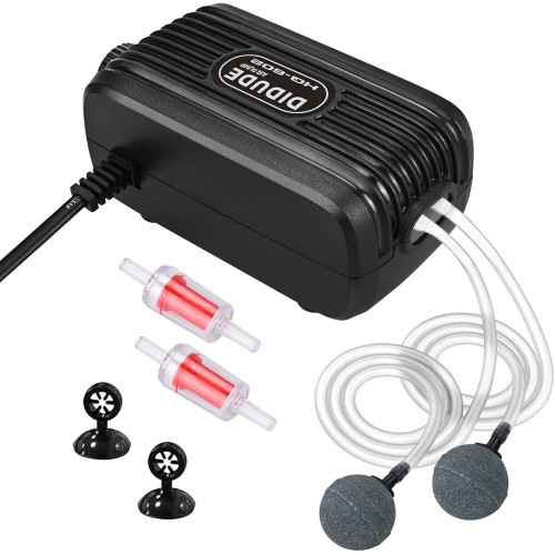 DIDUDE Aquarium Air Pump, Extremely Quiet Low 20-40 dB Adjustable Aquarium Air Pump, Quarium Oxygen Pump Double Outputs Air Valve Aquarium Air with 2 Check Valves for Aquariums from 3.8 - 300 L