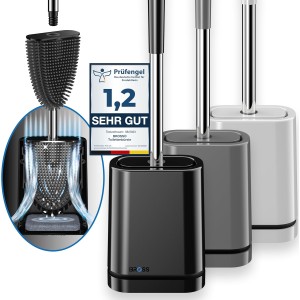 BROSS® Silicone Toilet Brush - Patented Toilet Brush - Toilet Brush Black - Toilet Brush & Toilet Brush Holder with Wall Mounting & Turbo Drying - Innovative & Antibacterial - Set of 1