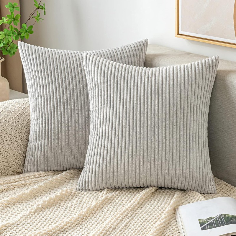 Emema Cushion Cover, Corduroy Decorative Cushion Cover, Sofa Cushion, Cord Cushion Cover, Decorative Soft Cushion Covers for Sofa, Armchair, Home, Bedroom, 50 x 50 cm – Light Grey