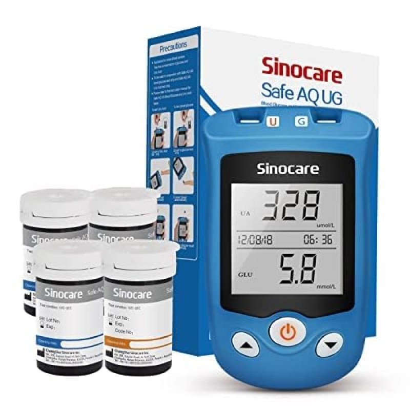 Sinocare AQ UG Blood Glucose Meter and Uric Acid Tester, Comes with 50 Blood Glucose Test Strips and 50 Uric Acid Test Strips - mg/dL (Safe Kit 50+50)