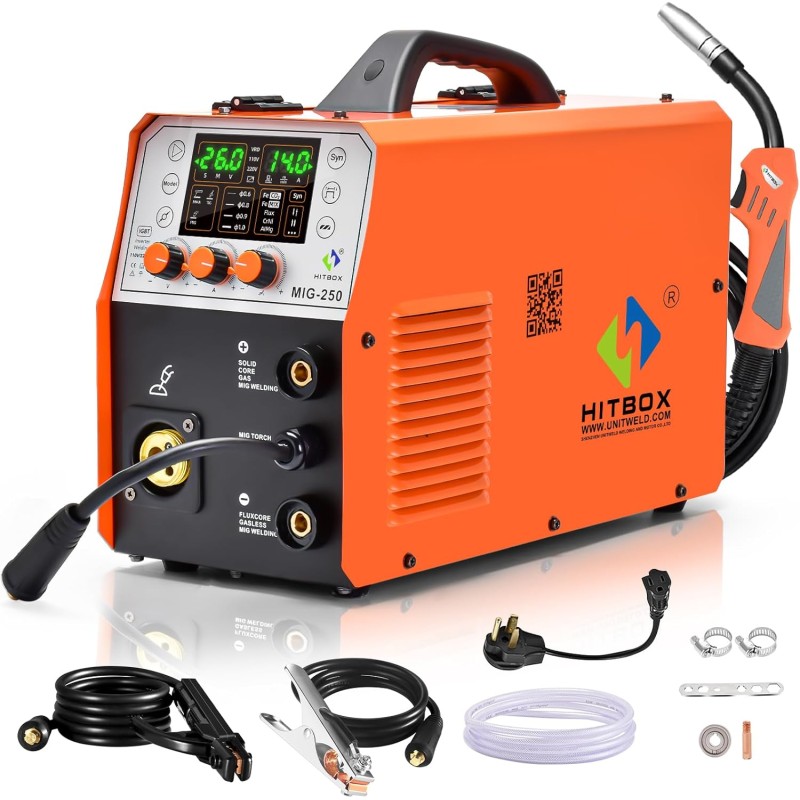 HITBOX 6 в 1 заваръчна машина без газ, 250A 240V LCD цифрова MIG заваръчна машина с пълнеж/MAG/MIG заваръчна машина с защитен газ/MMA/Lift TIG, алуминиева заваръчна машина, 2 години гаранция