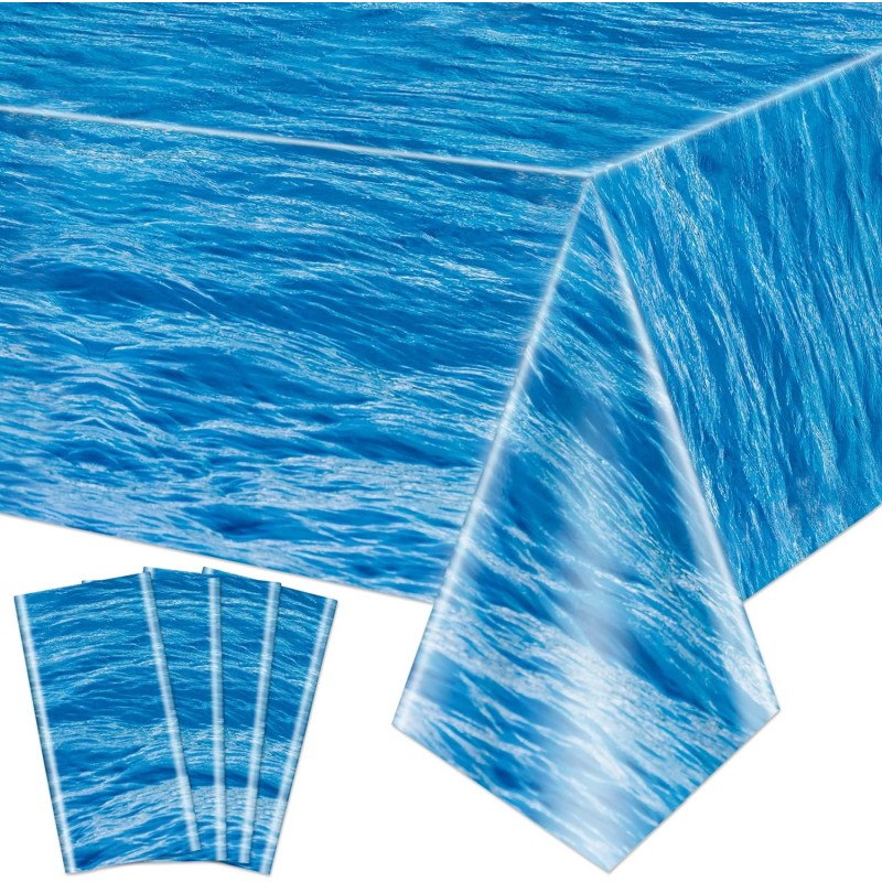 4 Pack Ocean Wave Tablecloths - Reusable Ocean Water Table Cover for Ocean Under the Sea Beach Pool Mermaid Shark Birthday Party Decoration Supplies 54 x 108 Inch