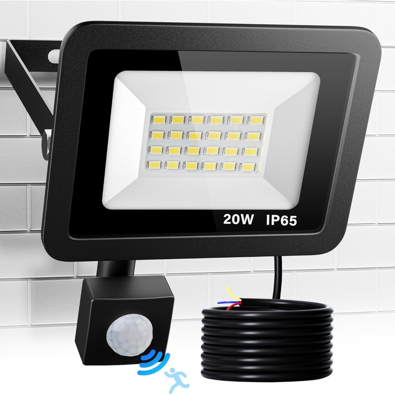 LED Spotlight with Motion Sensor Outdoor, 20 W, 2000 lm, 24 LED Beads, Floodlight, 6500 K, Cool White, Super Bright Spotlight, IP65 Outdoor Spotlight, Waterproof Wall Light for Garden, Garage, Home,