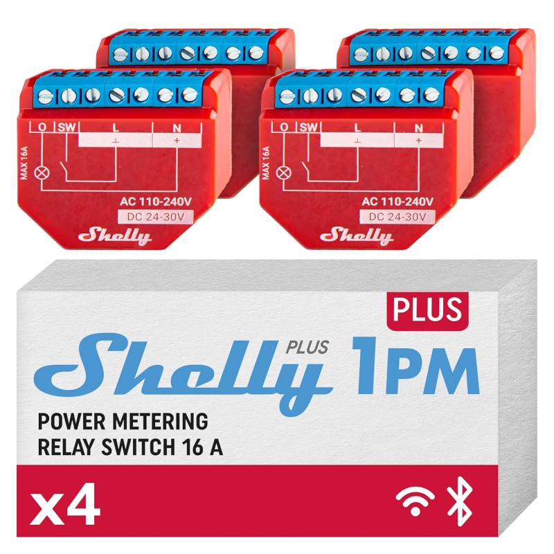 Shelly Plus 1PM Wifi and Bluetooth Smart Relay Switch with Power Measurement, Home Automation, Alexa and Google Home Compatible, No Hub Needed, Wireless Lighting Control (4-Pack)