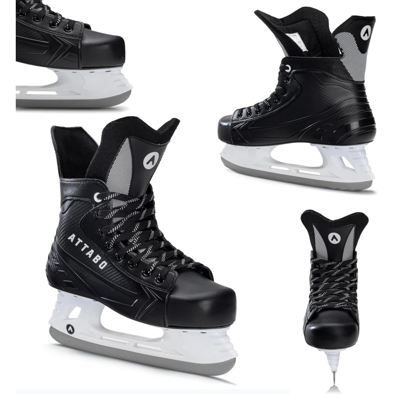 ATTABO Men's Hockey Ice Skates in Black, Size 41-46 EU, Ice Hockey Skates with Lacing, Ice Skates Men with Stainless Steel Blade, Ice Skates for Beginners up to 100 kg, Comfortable and Warm
