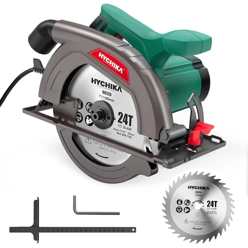 HYCHIKA Handheld Circular Saw, 1300 W 4500 RPM Circular Saw 185 mm, Powerful Motor, Cutting Depth 65 mm (90º), 45 mm (45º), Guide Rail, Dust Extraction, for Cutting Wood/Plastic