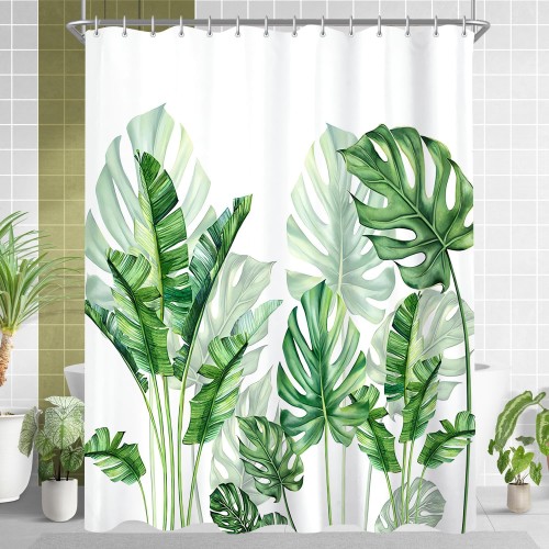 Lerores Shower Curtain, 180 x 180 cm, Green Leaves, Weighted Hem, Anti-Mould Textile, Water-Repellent, Washable Polyester Fabric Bath Curtains with Eyelets and 12 Shower Curtain Rings for Bathroom,