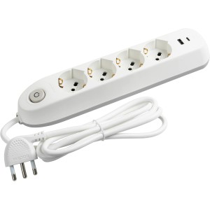 BTicino Poker Electric Power Strip with 4 Universal Sockets P40 Schuko Standard German, 2 USB Sockets with 3500 Ma Type A-C, 1.5 m Cable with Plug, 3500 W, White