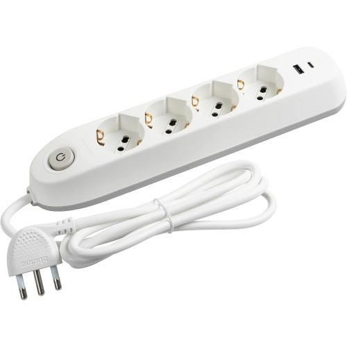 BTicino Poker Electric Power Strip with 4 Universal Sockets P40 Schuko Standard German, 2 USB Sockets with 3500 Ma Type A-C, 1.5 m Cable with Plug, 3500 W, White