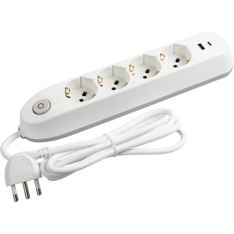 BTicino Poker Electric Power Strip with 4 Universal Sockets P40 Schuko Standard German, 2 USB Sockets with 3500 Ma Type A-C, 1.5 m Cable with Plug, 3500 W, White