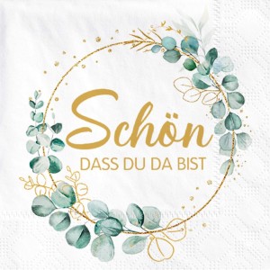 Sprinlot Pack of 40 Serviettes Schön Dass Du Da Bist, Serviettes Wedding Birthday Eucalyptus, Napkins Sage Green, Napkins Eucalyptus Green, Birthday Napkins Christening Communion Table Decoration