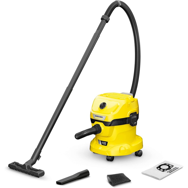 Kärcher WD 2-18 Cordless Wet/Dry Vacuum Cleaner with Filter, Joint and Wet/Dry Suction Nozzle, 225 Watt, Plastic Container: 12 L, Suction Hose: 1.8 m, without Battery, No Charger, Yellow