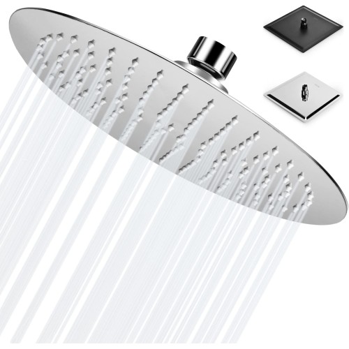BalladHome 10 Inch Shower Head, Rain Shower, Round Built-in Shower Heads, Adjustable Shower Head Made of 304 Stainless Steel with Anti-Limescale Nozzles, Polished Rain Shower Head (25 x 25 cm,