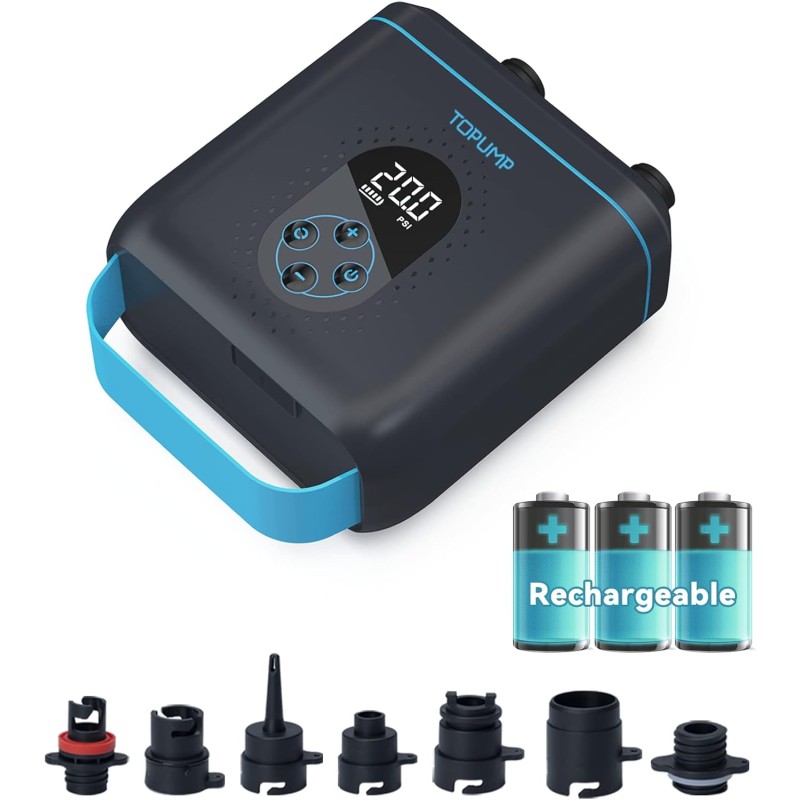 TOPUMP 20PSI Electric SUP Pump TPS260, Rechargeable, Auto-Off, 2-Stage Inflation/Deflation, 12V DC & Type-C for Paddle Board, Kayak, Wings, Kite, Tent