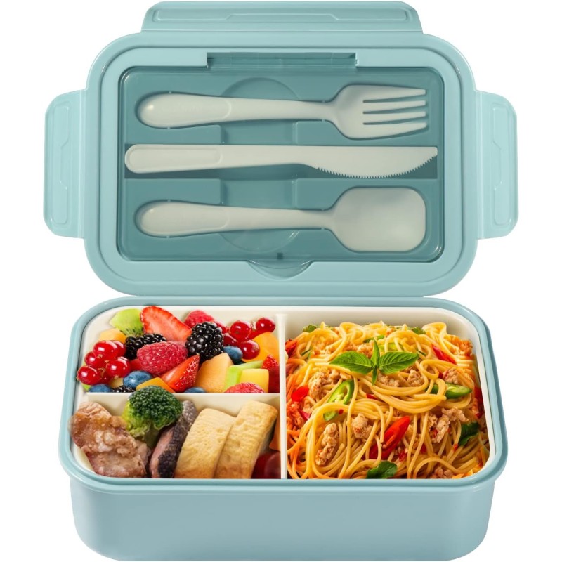 Diboniur Lunch Box with Cutlery for Adults and Children, 1400 ml, Bento Box for Microwave, Dishwasher, School, Picnic, Work (Blue)