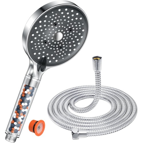 YEAUPE PRO Alcachofa Grande con filtro (130 mm de diámetro) Alcachofa alta presión 6 tipos de chorro, Alcachofa Antical Cromo con manguera 1,6M,