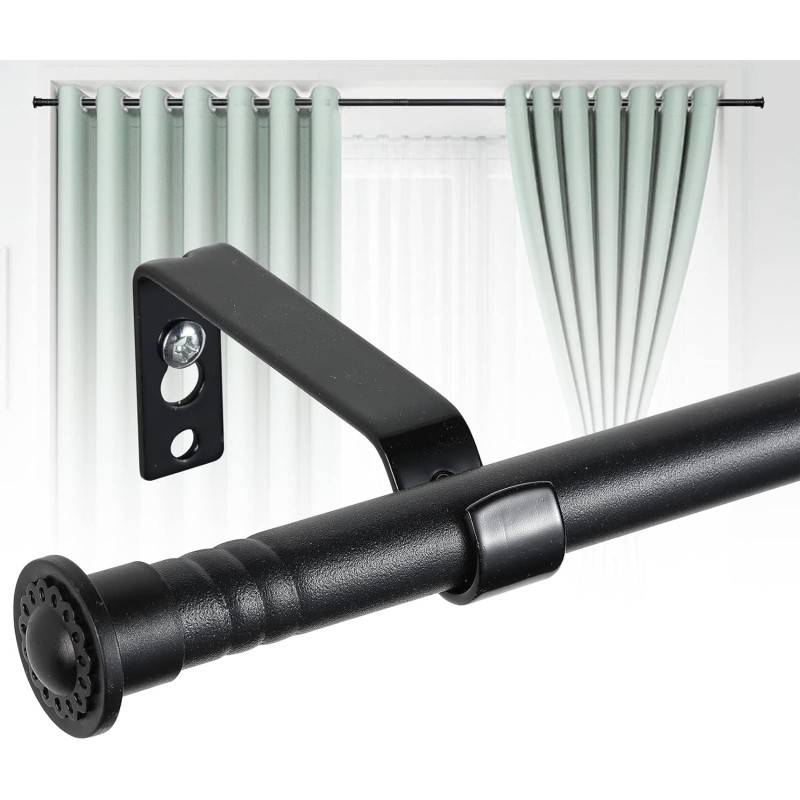 HARRMS 16 mm Extendable Curtain Pole, Matte Black, 76-116 cm, Curtain Rod Panel Curtain Pole, 1 Rail, Wall Mounted with Brackets and Finials for Blackout Curtains, Outdoor Curtains