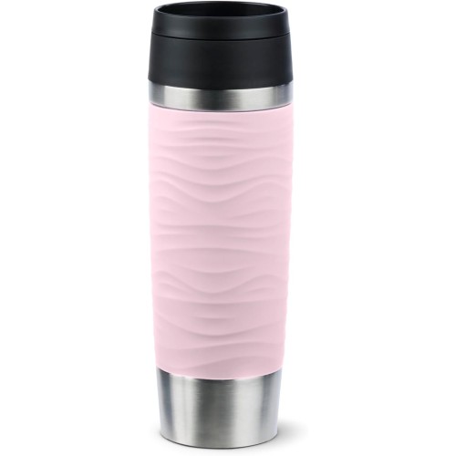 Emsa N20227 Travel Mug Wave Insulated Mug 0.5 Litres, Comfort Screw Cap, Stainless Steel, 6 Hours Hot and 12 Hours Cool, 100% Leak-Proof, Dishwasher Safe, 360° Drinking Opening, Pastel Pink