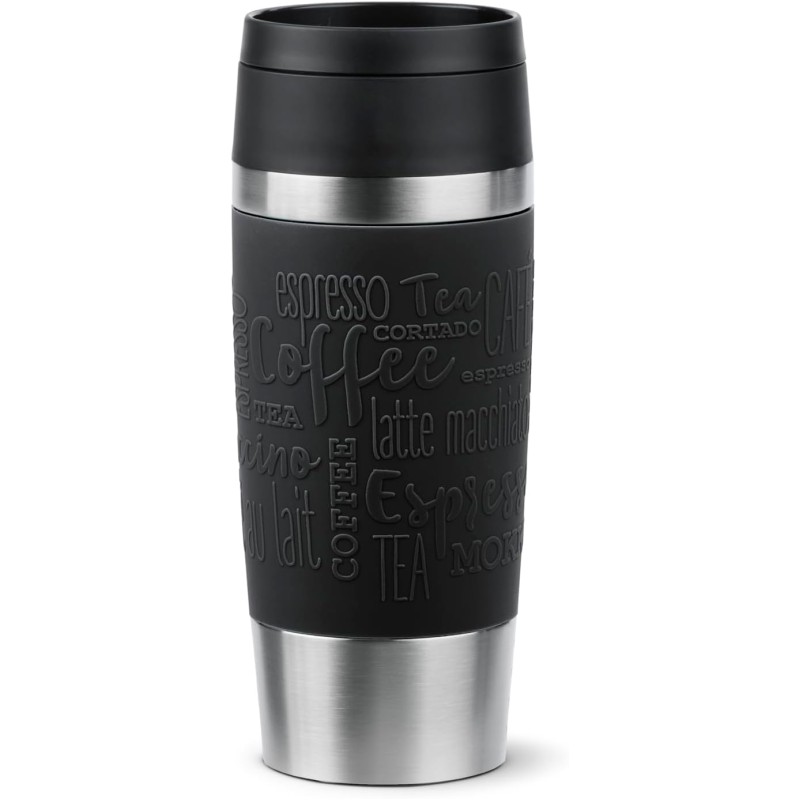 Emsa N20202 Travel Mug Classic Insulated Mug 0.36 Litres Comfort Screw Cap Stainless Steel 4 Hours Hot and 8 Hours Cold 100% Leak-Proof Dishwasher Safe 360° Drinking Opening Black