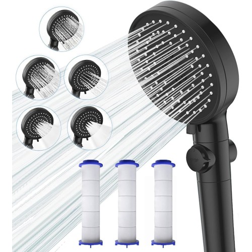Dokkita Shower Head Water Saving 4.6 L/Min, High Pressure Hand Shower, 5 Jet Types, Economy Shower Head, Multifunctional with 3 Filters & Water Stop, Rain Shower, Pressure Increasing Shower Head,