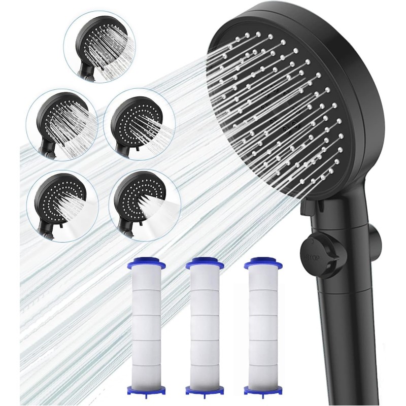 Dokkita Shower Head Water Saving 4.6 L/Min, High Pressure Hand Shower, 5 Jet Types, Economy Shower Head, Multifunctional with 3 Filters & Water Stop, Rain Shower, Pressure Increasing Shower Head,