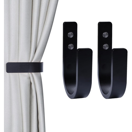 OCIOLI Pack of 2 Curtain Tiebacks Wooden Curtain Tiebacks U-Shaped Curtain Hooks Curtain Tieback Wall Mount Curtain Holder Curtain Tieback for Curtains (Black, 2)