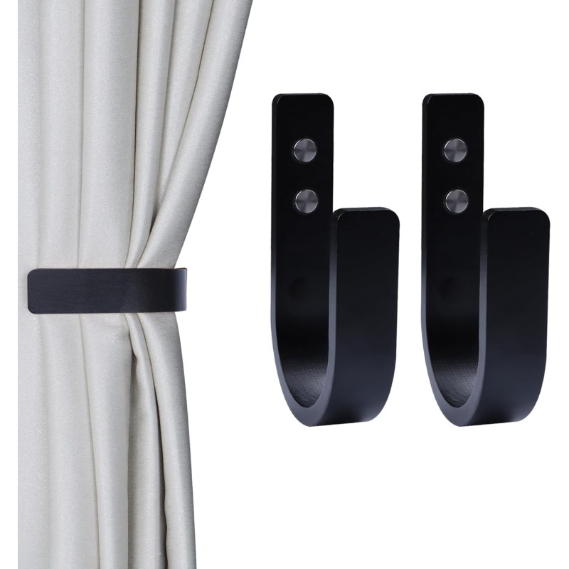 OCIOLI Pack of 2 Curtain Tiebacks Wooden Curtain Tiebacks U-Shaped Curtain Hooks Curtain Tieback Wall Mount Curtain Holder Curtain Tieback for Curtains (Black, 2)