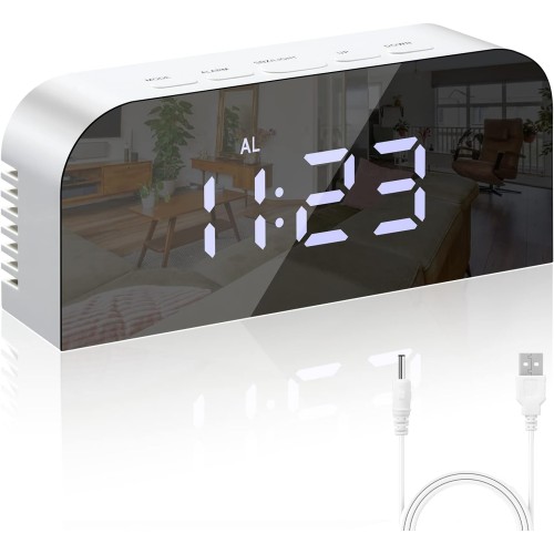 Vinabo Digital Mirror Alarm Clock, LED Mirror Digital Clock, Night Alarm Clock, Morning Alarm Clock, 2 Brightness Levels, 12/24H, with 2 USB Charging Ports, Modern Decoration for Home or Bedroom
