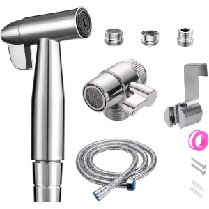 Bidet Stainless Steel Hand Held Bidet Muslim Stainless Steel Shower and Baby Cloth Nappy Spray Kit - with Tap Dispenser, Hose and Hook Toilet or Wall Mount