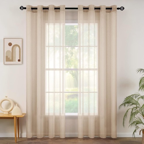 MIULEE Sheer Voile Curtain with Eyelets, Transparent Eyelet Curtain, Sheer, See-Through, Airy Decorative Curtain for Bedroom, Living Room, 140 x 235 cm (W x H), Set of 2, Khaki