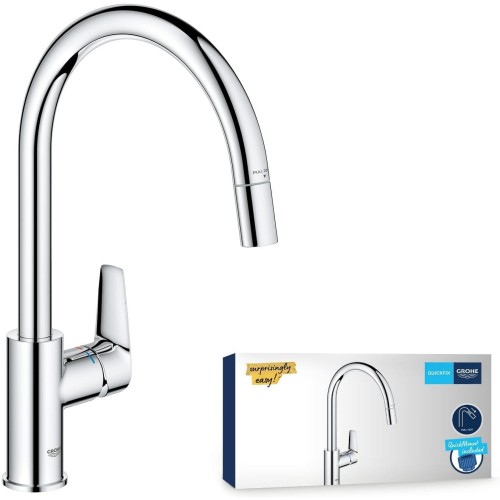 GROHE StartEdge 30550000 Kitchen Tap (Kitchen Tap with Pull-Out Shower, 360° Swivel Range, Water-Saving Thanks to Variable Quantity Limit, Tool-Free Sink Assembly), Chrome