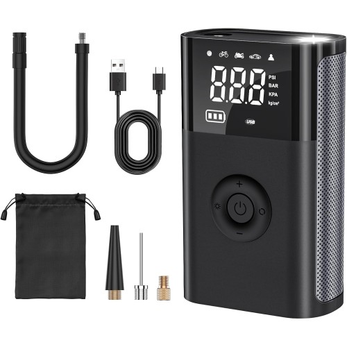 CARSUN Electric Air Pump, 150 PSI Electric Bicycle Pump, Portable Battery Air Pump, Battery Compressor with LED Light, Mini Battery Bicycle Pump for Car, Moto, Bicycle, Swimming Ring etc.