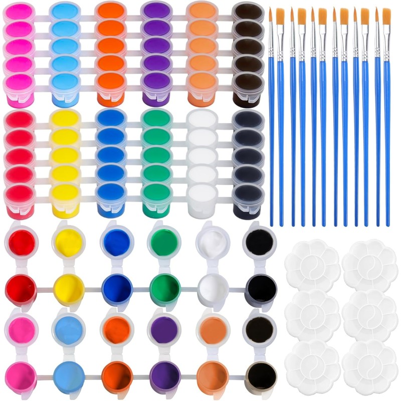 JEFFOUOO Pack of 6 Mini Acrylic Paints, Washable Acrylic Paint Set, 3 ml Each with 12 Colours, 12 Brushes and 6 Palettes, Refillable Acrylic Paint Set for Children, Adults, Home, Birthday, Classroom
