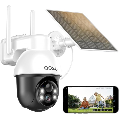 AOSU 2K Solar Surveillance Camera Outdoor Battery, Outdoor Camera with 360° Surveillance, Automatic Person Tracking, 10 m Colour Night Vision, Light and Sound Alarm, 2-Way Audio, Remote Viewing