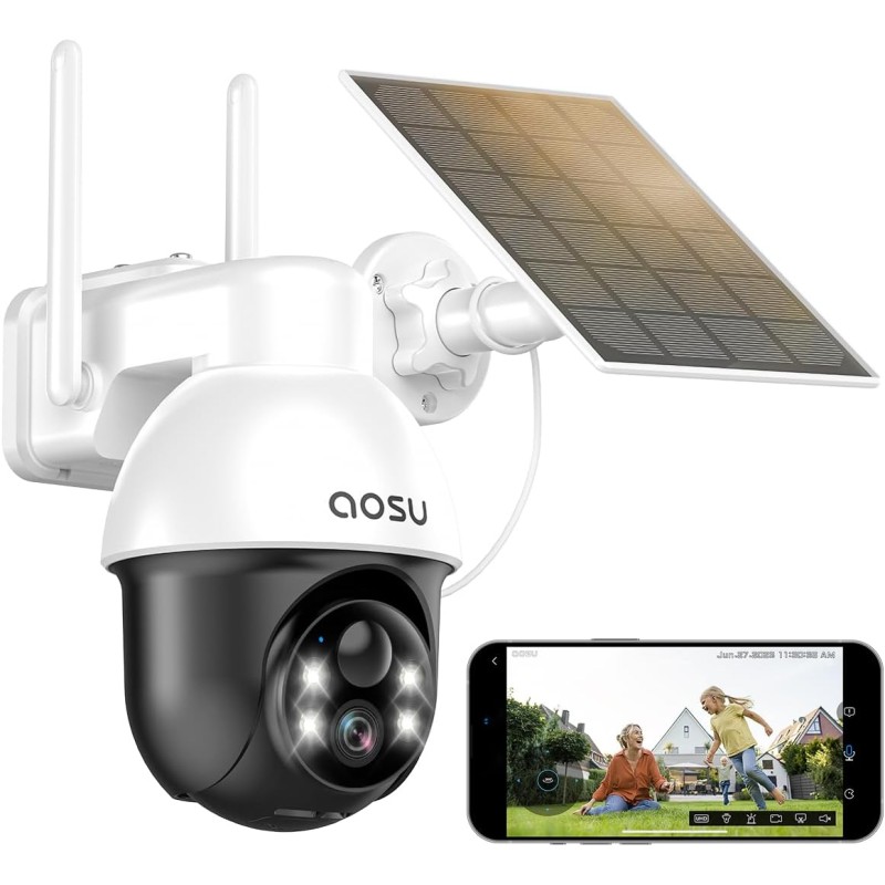AOSU 2K Solar Surveillance Camera Outdoor Battery, Outdoor Camera with 360° Surveillance, Automatic Person Tracking, 10 m Colour Night Vision, Light and Sound Alarm, 2-Way Audio, Remote Viewing
