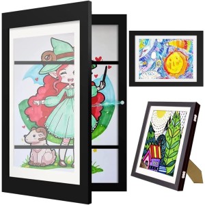 SanerDirect Children's Art Frame Front Opening A4 Hinged Wooden Photo Frame Fillable Folding Frame for Storage and Display of Children's Drawings / Artworks, Black, Pack of 1