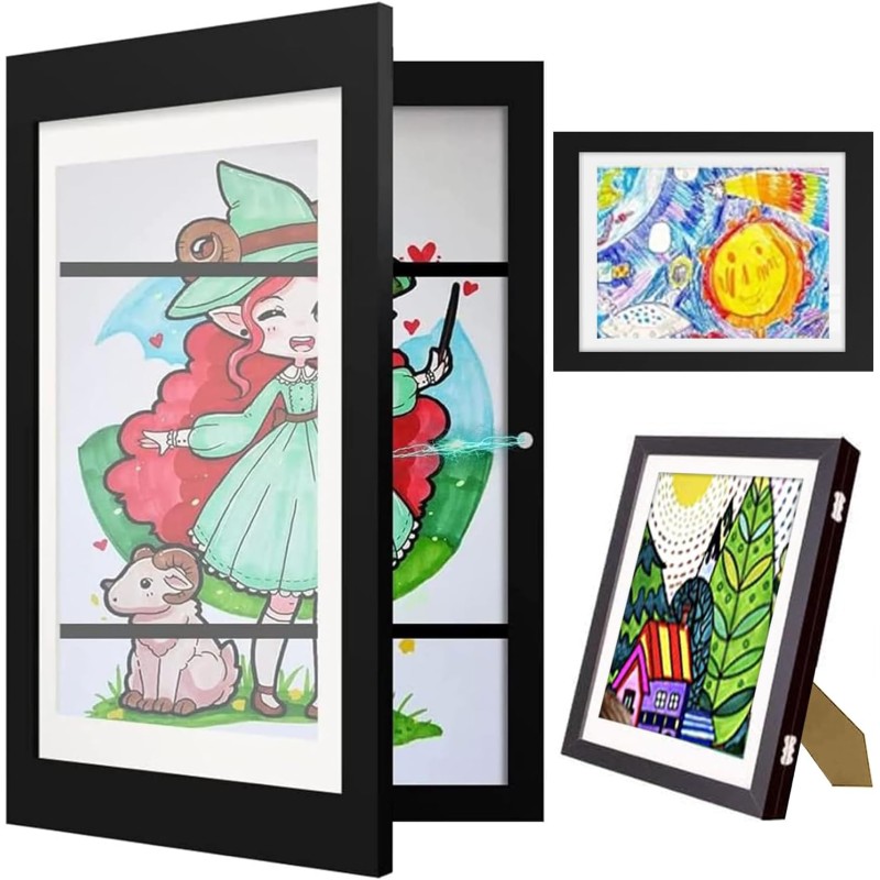 SanerDirect Children's Art Frame Front Opening A4 Hinged Wooden Photo Frame Fillable Folding Frame for Storage and Display of Children's Drawings / Artworks, Black, Pack of 1