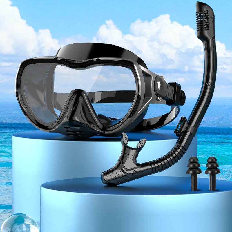 Schnorchelset Erwachsene mit Taucherbrille und Dry Schnorchel,Taucherbrille Erwachsene mit Linse Gehärtetem Glas Anti-Leck & Anti-Fog Panorama Tauchmaske für Schnorcheln, Schwimmen
