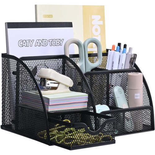 MumdoYAL Desk Organiser, Mesh Metal Office Organiser with Drawer and Pen Holder for Pens, Sticky Notes, Stapler, Folder Clips, Black