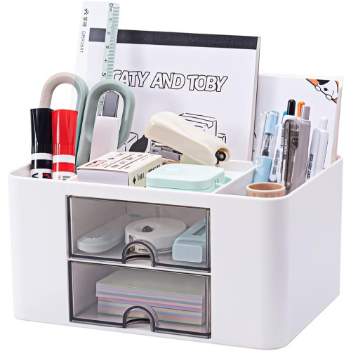 Versatile Desk Organiser with 5 Compartments, 2 Drawers and Multifunctional Storage Options - Ideal for Office Supplies, Stationery and Desk Accessories, Office Organiser