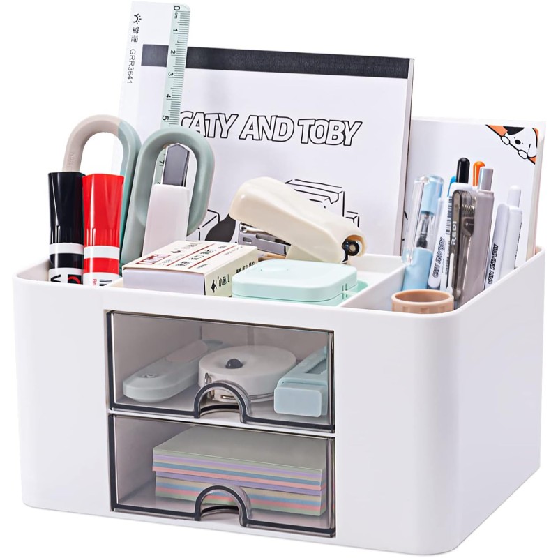Versatile Desk Organiser with 5 Compartments, 2 Drawers and Multifunctional Storage Options - Ideal for Office Supplies, Stationery and Desk Accessories, Office Organiser