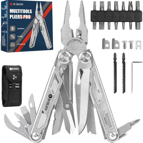 BIBURY Multitools, Multi Tool Foldable Pliers with Improved Scissors and Screwdriver, Stainless Steel with Nylon Bag, Ideal for Outdoor, Hiking Gift for Dad Men, Christmas Gifts