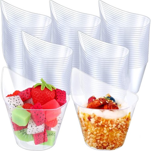 LATERN Pack of 50 Plastic Dessert Cups, 200 ml Curved Round Dessert Cups Transparent Parfait Appetizers Cups Reusable Serving Bowl for Pudding Mousse Party (11.4 x 6.3 cm)