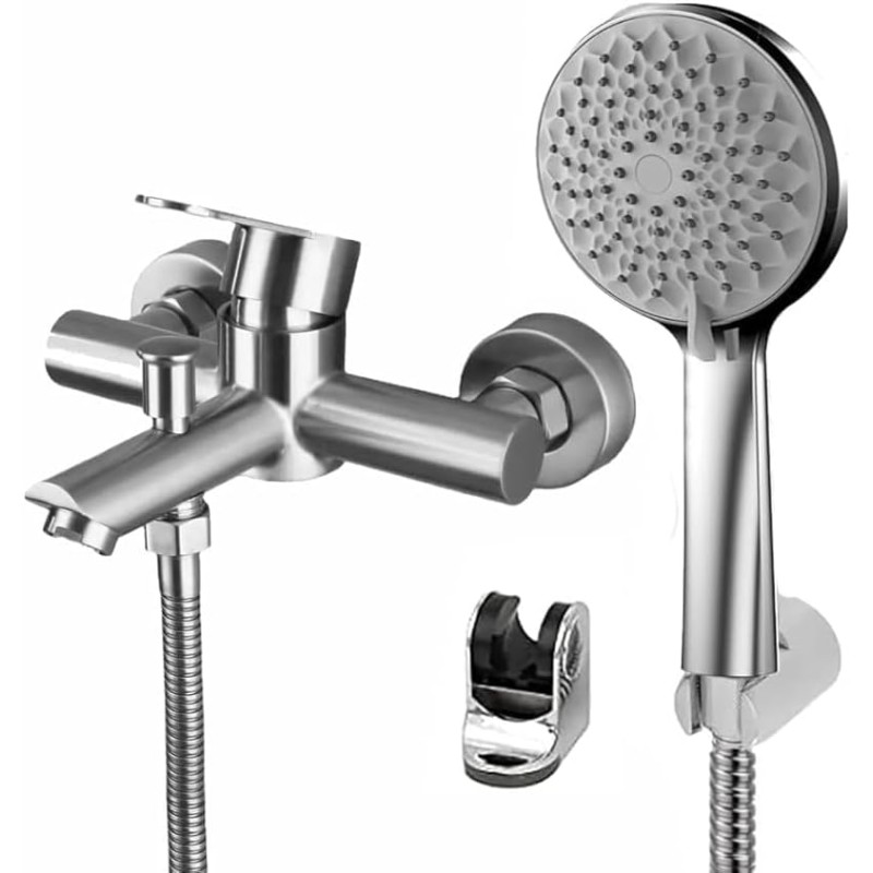 VOLTGY смесител за душ от неръждаема стомана с гъвкав маркуч за ръчен душ и регулируема стенна скоба Смесител с една ръкохватка с два изхода за душ и вана