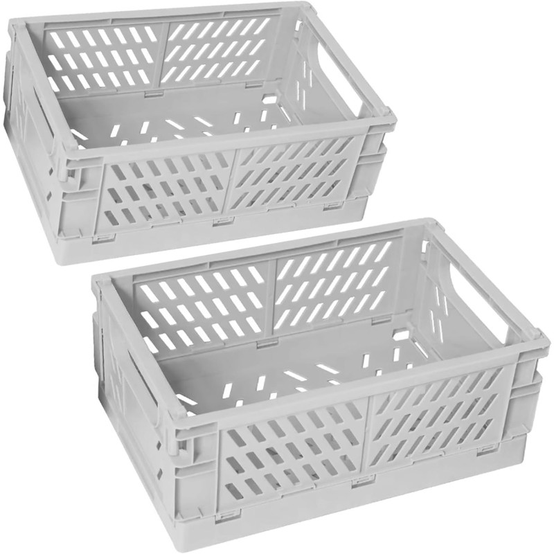 Frepea Pack of 2 Storage Baskets, Grey, Small Folding Boxes, Foldable Sturdy Storage Box, Plastic Folding Basket for Kitchen/Children's Room/Office (Grey)