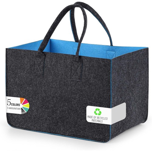 Sinand 30 L Shopping Basket, Shopping Bag with Handle, Robust, Well Made, Foldable, Felt Bag Storage for Outdoor Trips, Picnics, Shopping Outdoors (Dark Grey - Blue)