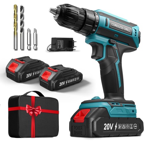 Cordless Screwdriver with 2 x 2000 mAh Batteries, 20 V Cordless Drill Set 42 Nm Max, 2-Speed Cordless Drill, Compatible with Makita Battery, 25 + 1 Torque Levels, 10 mm Drill Chuck, LED Light, for
