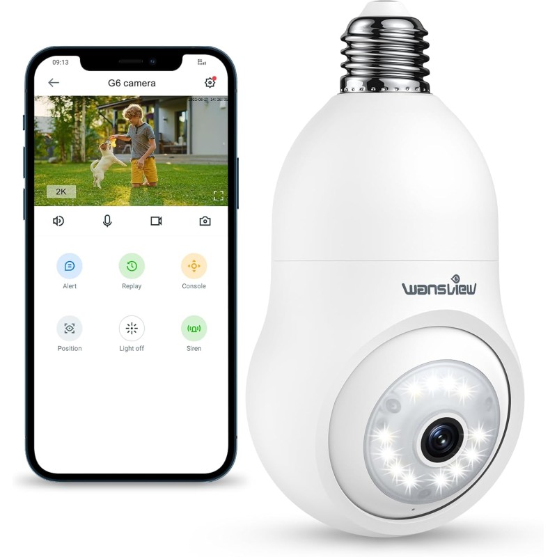 wansview WiFi Bulb Camera Outdoor/Indoor – 2K E27 Base Camera with Motion Tracking, Colour Night Vision, Two-Way Audio, 24/7 Recording, Works with Alexa, G6